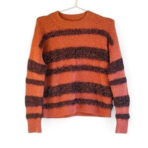 Madewell Fuzzy Striped Knit Sweater – Rust Brown Metallic Cozy Fall Pullover